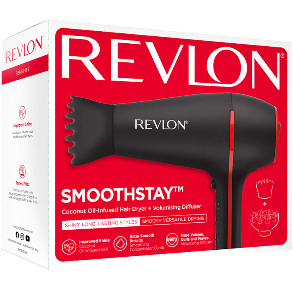 Revlon Smoothstay Coconut Oil-Infused Hair Dryer + Volumising Diffuser ...